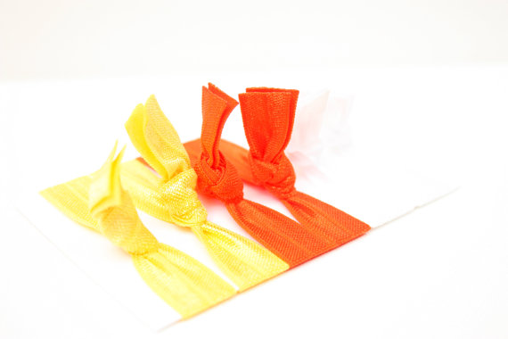 Halloween Hair Ties (6) - Candy Corn Fabric Hair Ties - Knotted Bracelet - Emi Jay Inspired Elastic Hair Bands - Orange, Yellow, White
