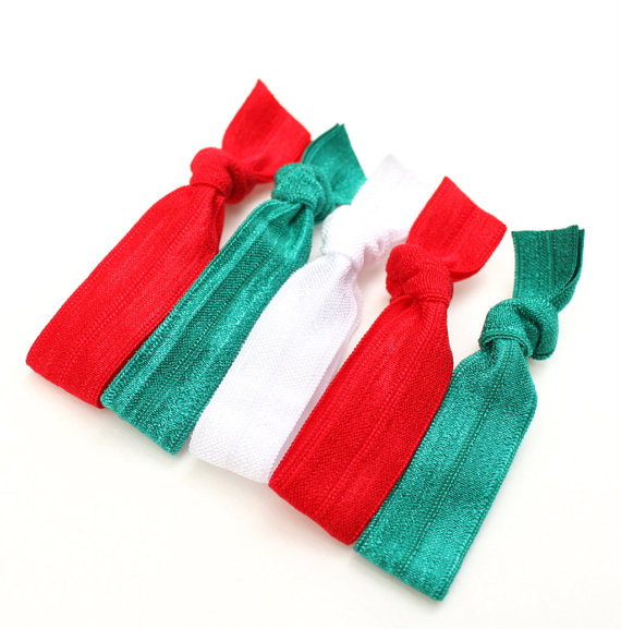 Christmas Elastic Hair Ties (5) Emi Jay Inspired Fabric Hair Ties Red & Green Hair Ties Gi